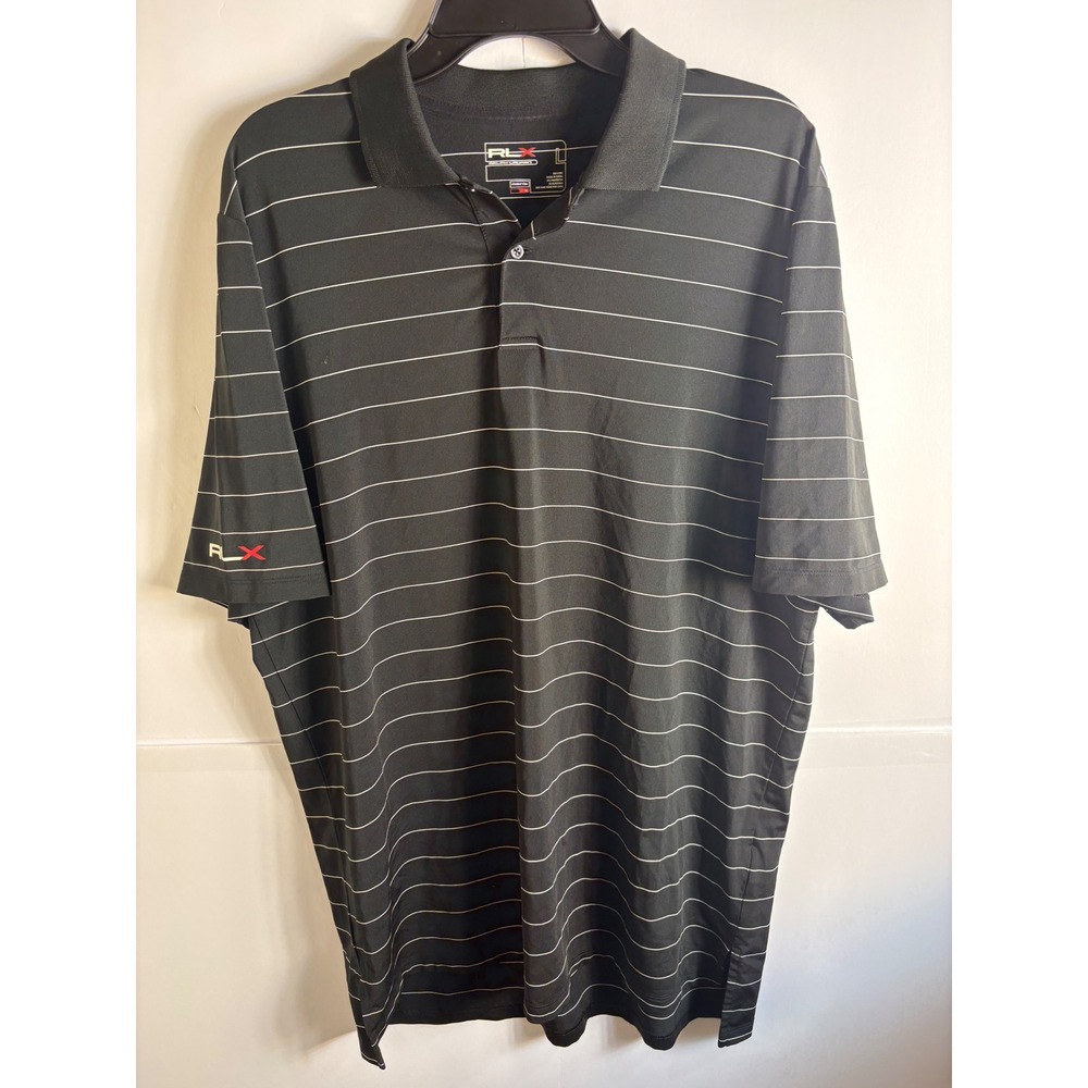 RLX Ralph Lauren Mens Performance Polo Shirt Black White Pinstripe Large Golf